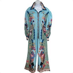 Light Blue Bird Print Two-Piece Shirt and Pants Set Size M